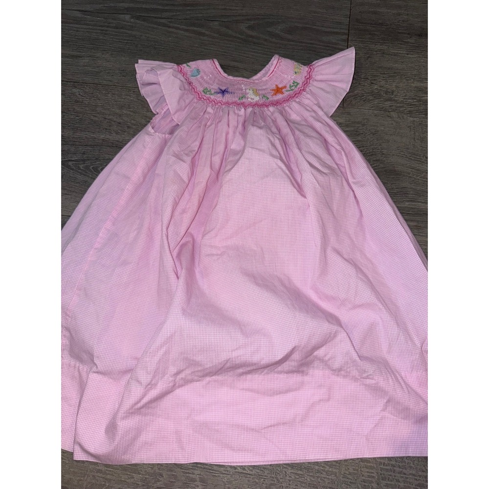 Rosalina Collection Pink Gingham Smocked Sea Life Bishop Dress Girls 3T Nautical